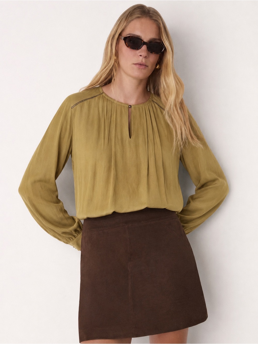 Yest Anthropologie Long-Sleeve Pleated Keyhole Blouse Peasant Pullover XL Moss
